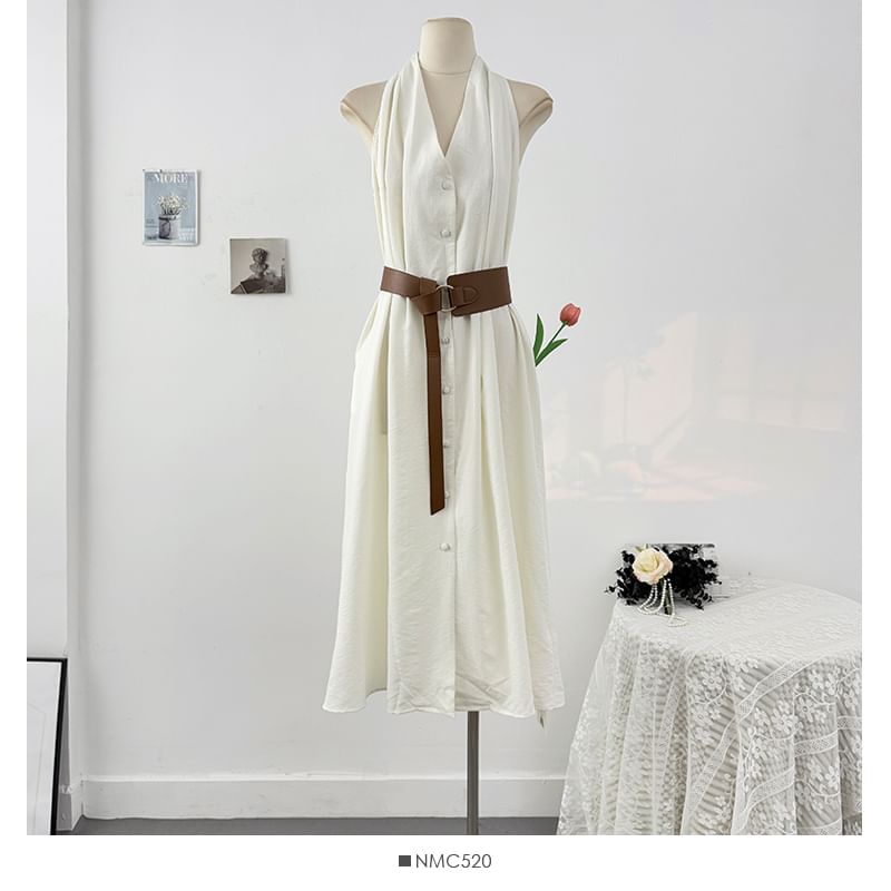 Plain Halter Set: V-Neck Belt Button-Up Dress + Maxi A-Line