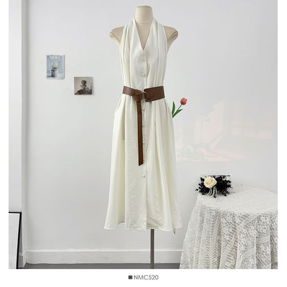 Plain Halter Set: V-Neck Belt Button-Up Dress + Maxi A-Line