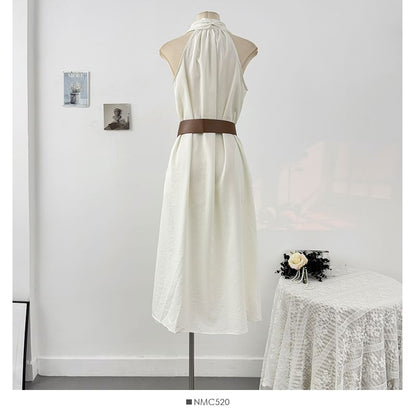 Plain Halter Set: V-Neck Belt Button-Up Dress + Maxi A-Line