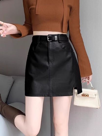 High Rise Faux Leather Mini A-Line Skirt with Slit