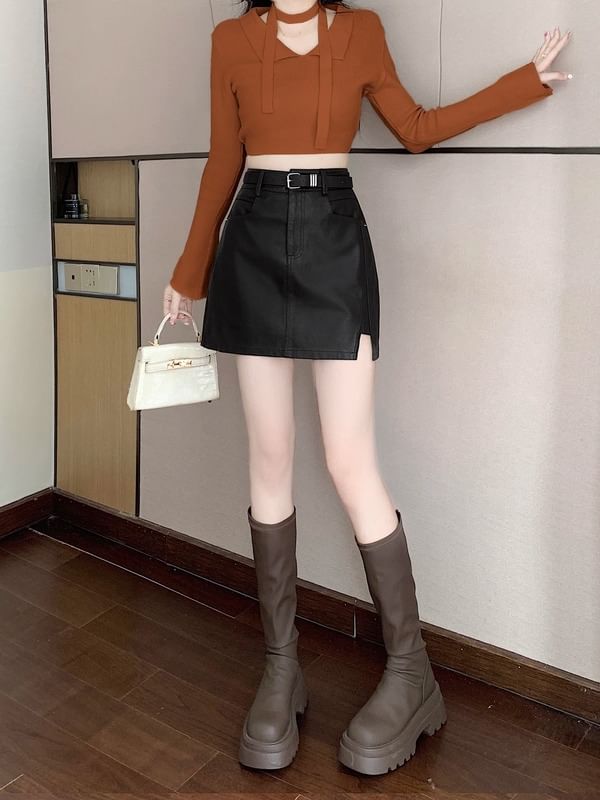 High Rise Faux Leather Mini A-Line Skirt with Slit