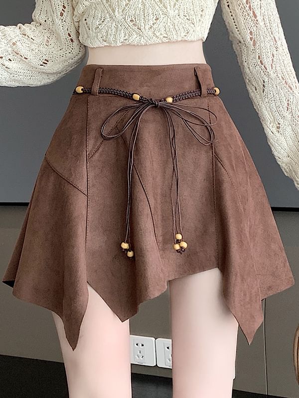 Faux Suede Asymmetrical Mini A-Line Skirt with High Waist