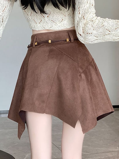 Faux Suede Asymmetrical Mini A-Line Skirt with High Waist