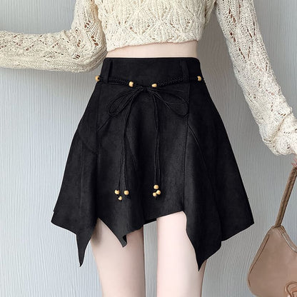 Faux Suede Asymmetrical Mini A-Line Skirt with High Waist