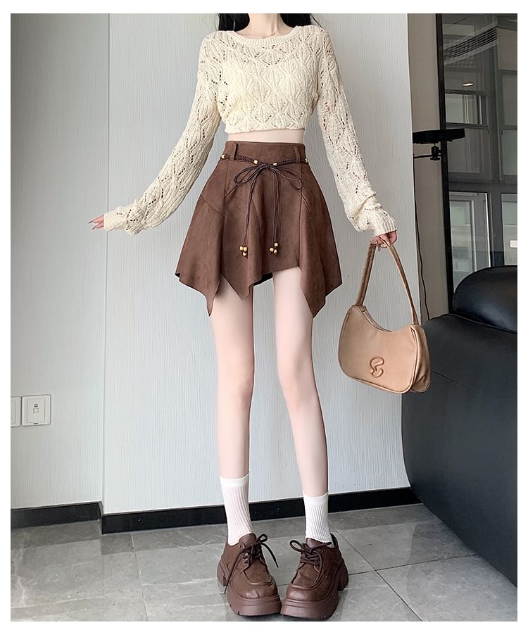 Faux Suede Asymmetrical Mini A-Line Skirt with High Waist