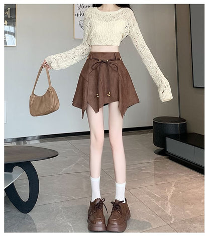 Faux Suede Asymmetrical Mini A-Line Skirt with High Waist
