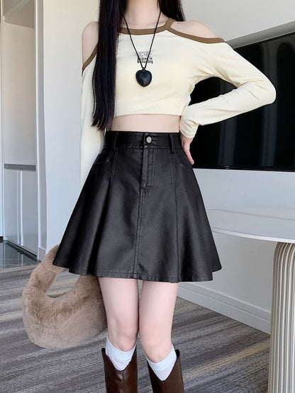 Faux Leather Pleated Mini A-Line Skirt with High Waist