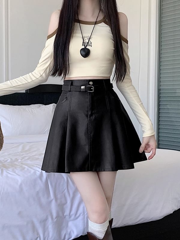 Faux Leather Pleated Mini A-Line Skirt with High Waist