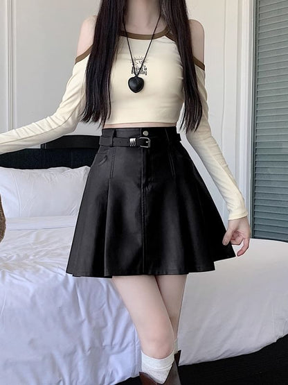 Faux Leather Pleated Mini A-Line Skirt with High Waist