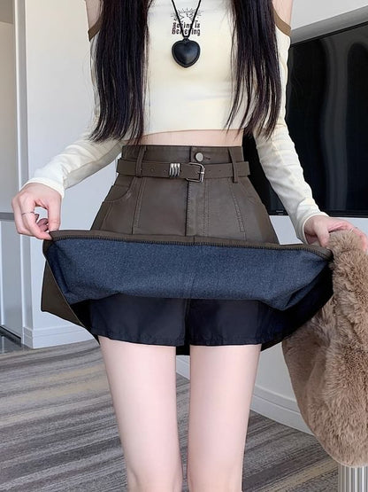Faux Leather Pleated Mini A-Line Skirt with High Waist