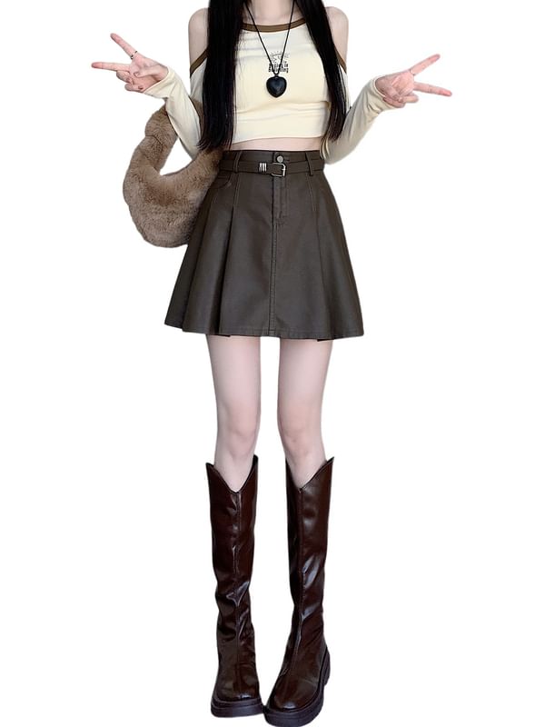 Faux Leather Pleated Mini A-Line Skirt with High Waist