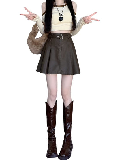 Faux Leather Pleated Mini A-Line Skirt with High Waist