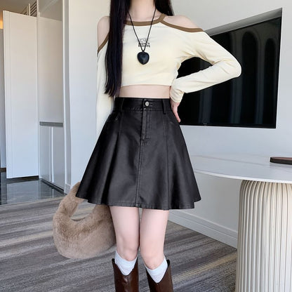 Faux Leather Pleated Mini A-Line Skirt with High Waist