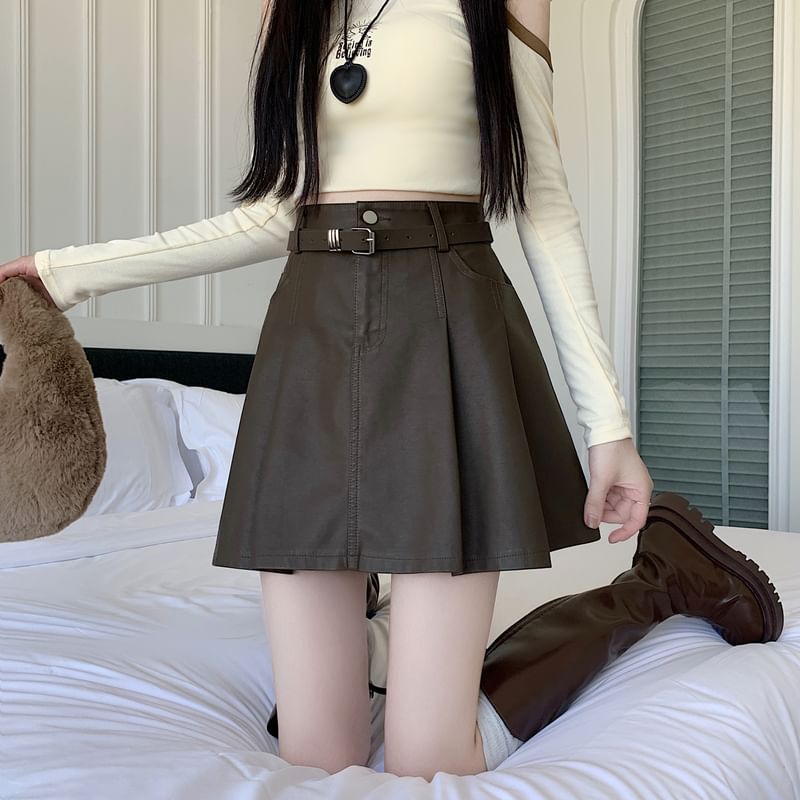 Faux Leather Pleated Mini A-Line Skirt with High Waist