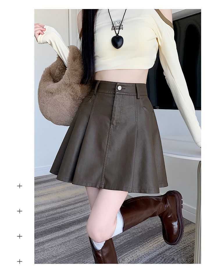 Faux Leather Pleated Mini A-Line Skirt with High Waist