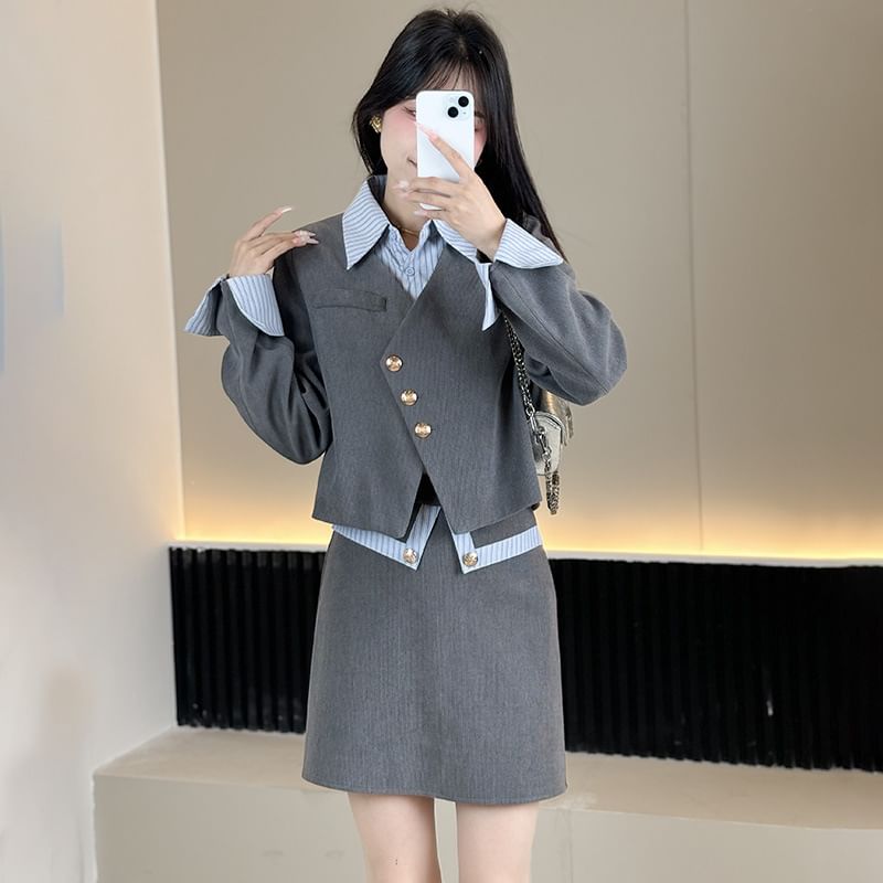 Mock Two-Piece Blazer & High Waist A-Line Skirt