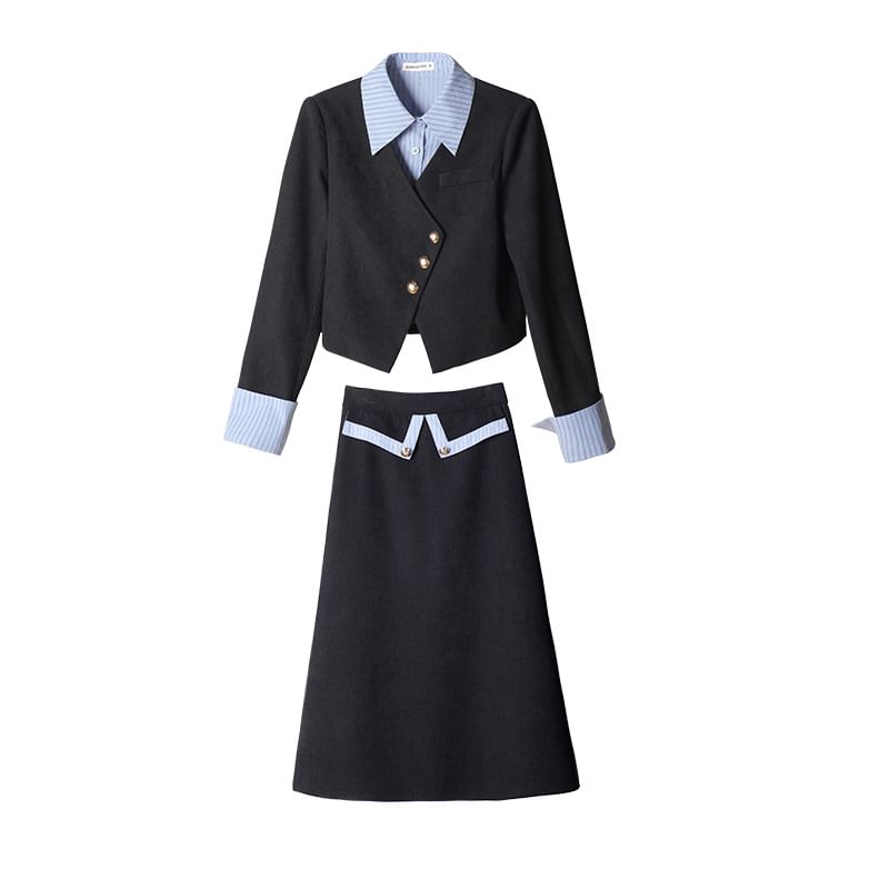 Mock Two-Piece Blazer & High Waist A-Line Skirt