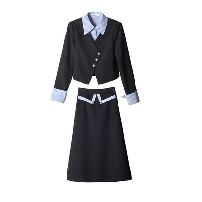 Mock Two-Piece Blazer & High Waist A-Line Skirt