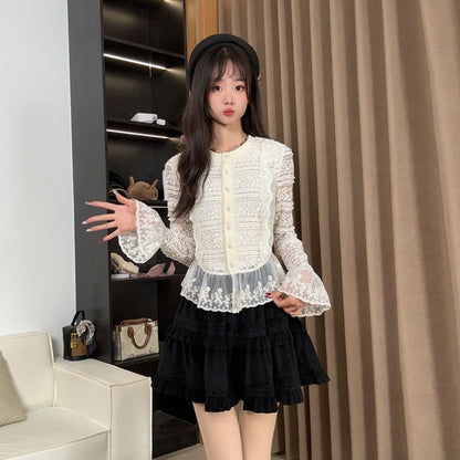 Bell Sleeve Crew Neck Lace Button Top