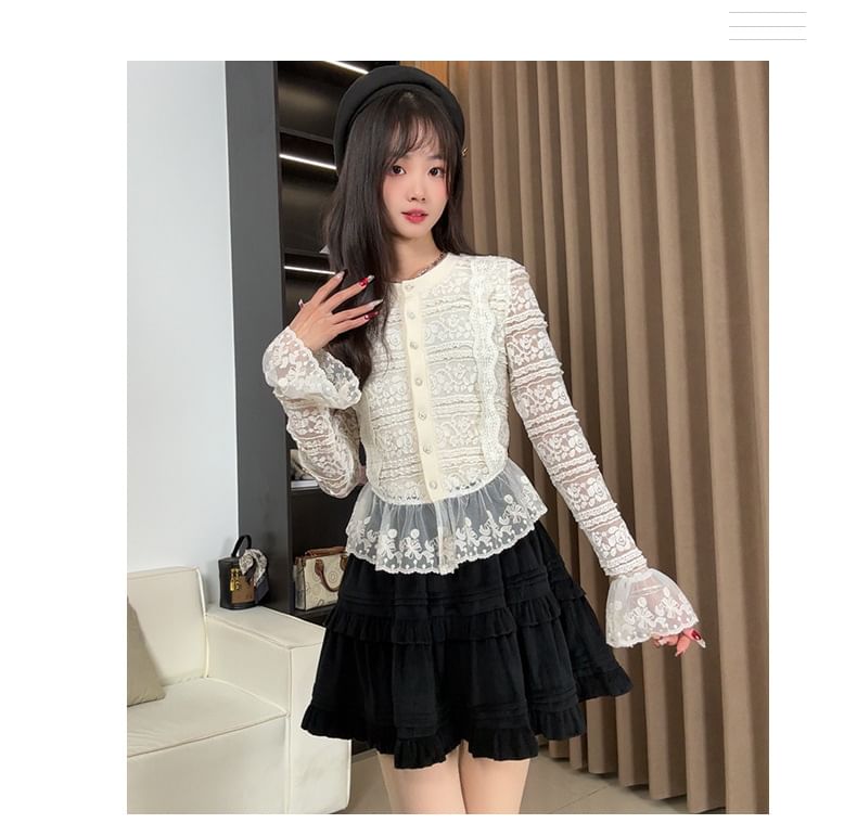 Bell Sleeve Crew Neck Lace Button Top