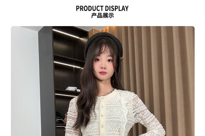 Bell Sleeve Crew Neck Lace Button Top