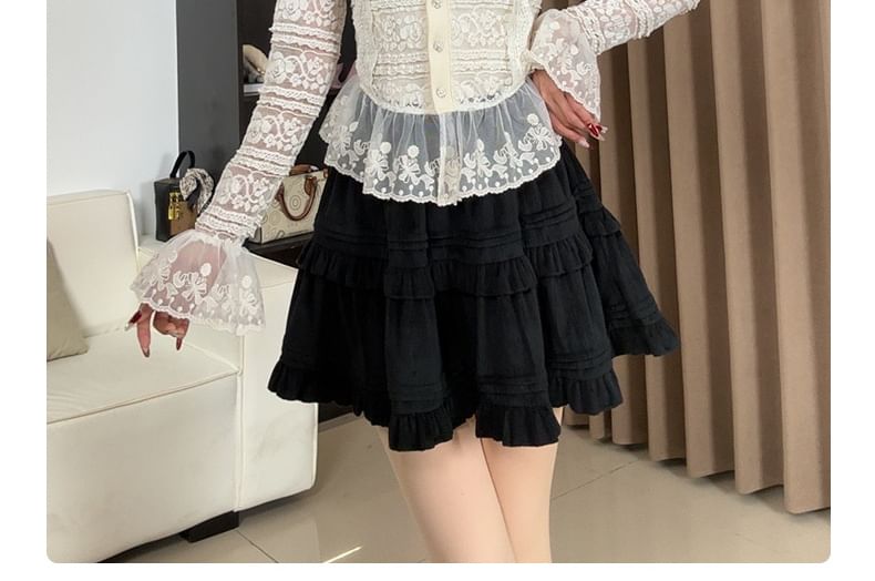 Bell Sleeve Crew Neck Lace Button Top