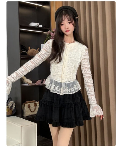 Bell Sleeve Crew Neck Lace Button Top