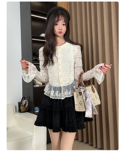 Bell Sleeve Crew Neck Lace Button Top