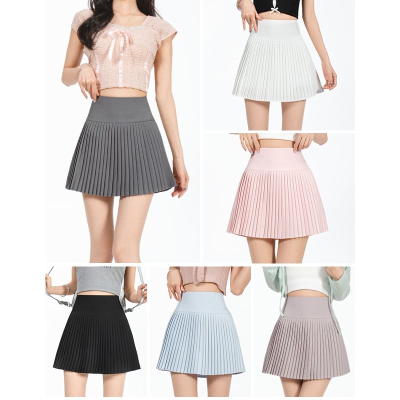 Solid Mini Pleated Skirt with High Waist