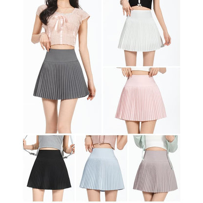 Solid Mini Pleated Skirt with High Waist