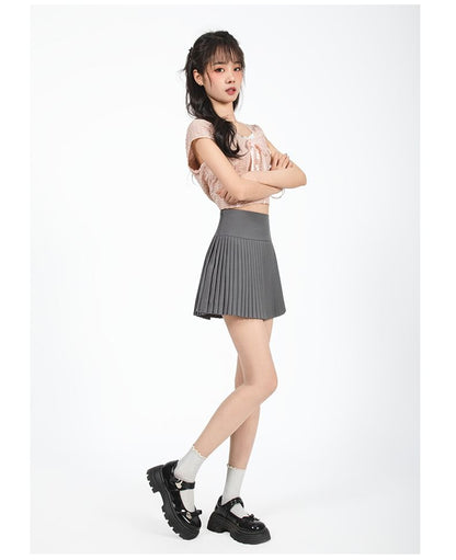 Solid Mini Pleated Skirt with High Waist
