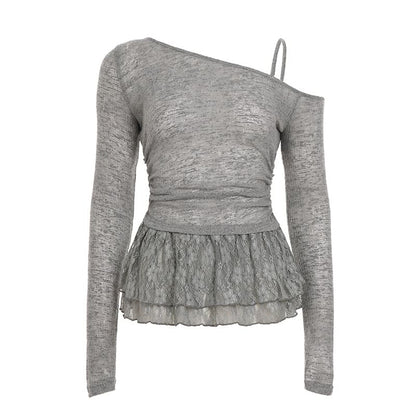 Off Shoulder Lace Panel Ruched Light Knit Top