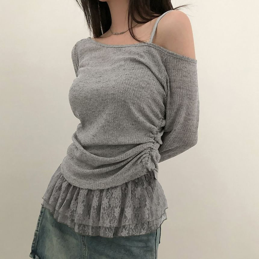 Off Shoulder Lace Panel Ruched Light Knit Top