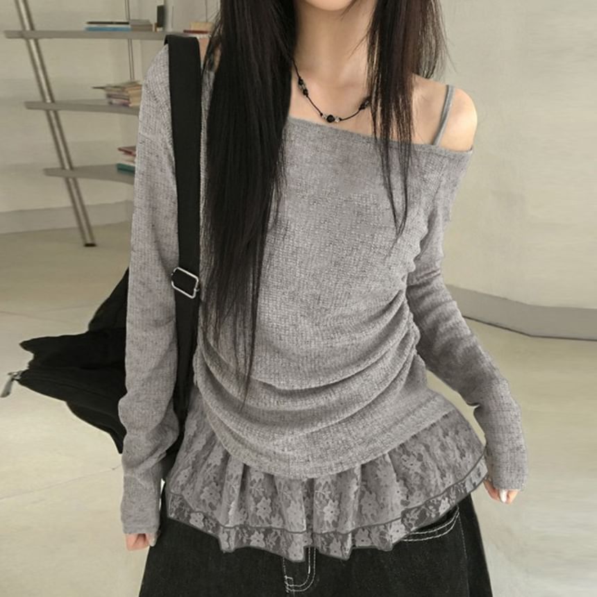 Off Shoulder Lace Panel Ruched Light Knit Top
