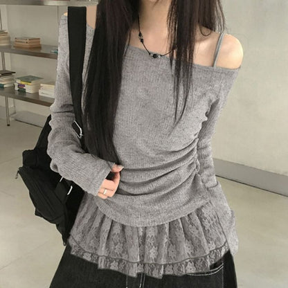Off Shoulder Lace Panel Ruched Light Knit Top
