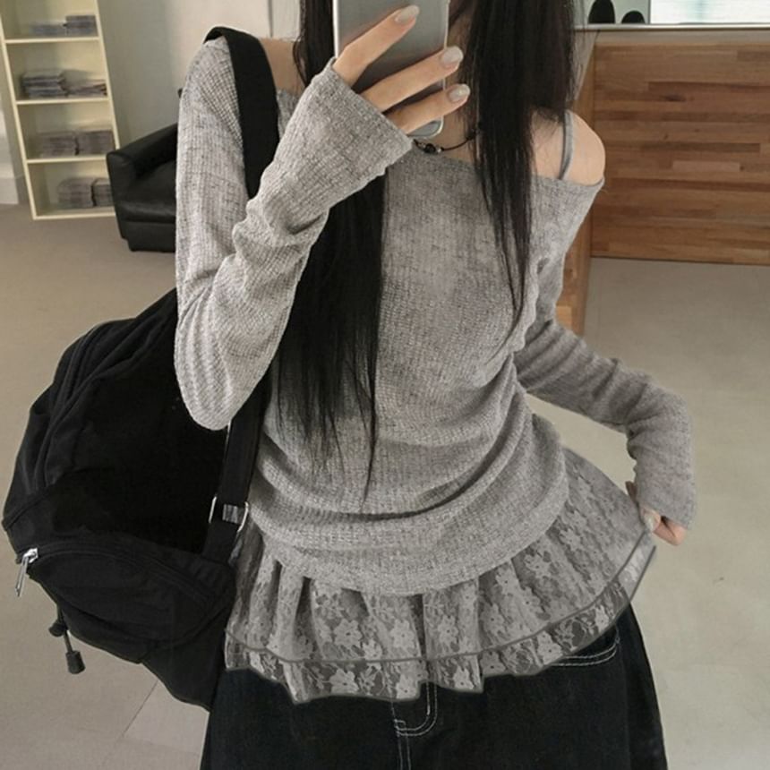 Off Shoulder Lace Panel Ruched Light Knit Top