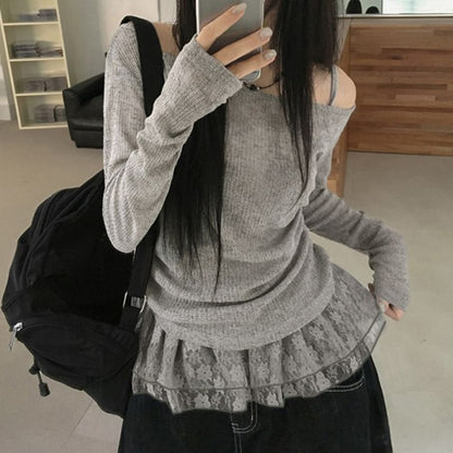 Off Shoulder Lace Panel Ruched Light Knit Top