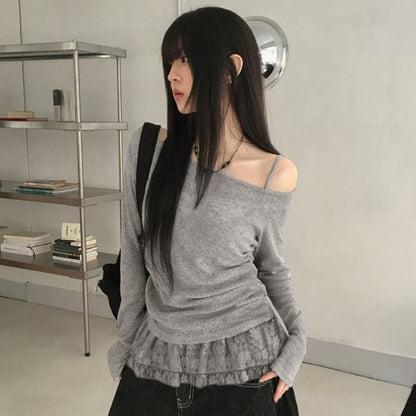 Off Shoulder Lace Panel Ruched Light Knit Top