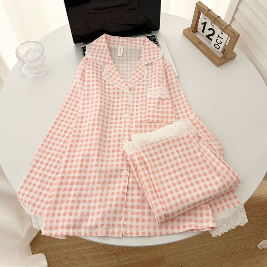 Pajama Set: Plaid Lace Trim Button-Up Top and Pants