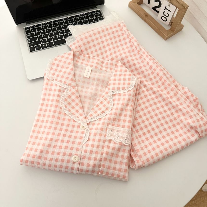 Pajama Set: Plaid Lace Trim Button-Up Top and Pants