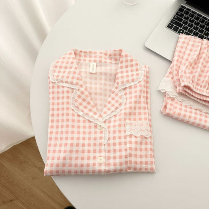 Pajama Set: Plaid Lace Trim Button-Up Top and Pants