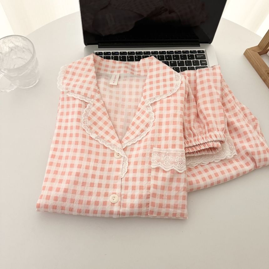 Pajama Set: Plaid Lace Trim Button-Up Top and Pants