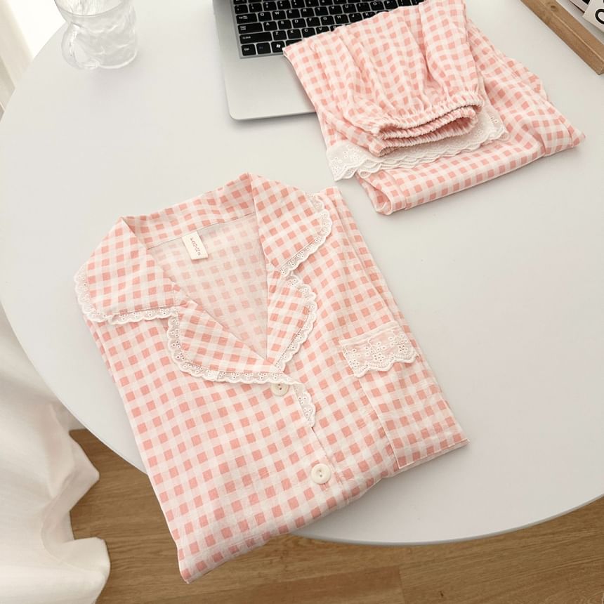 Pajama Set: Plaid Lace Trim Button-Up Top and Pants