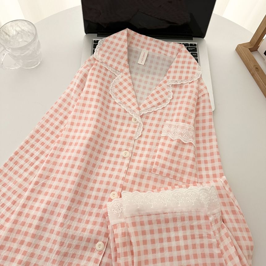 Pajama Set: Plaid Lace Trim Button-Up Top and Pants