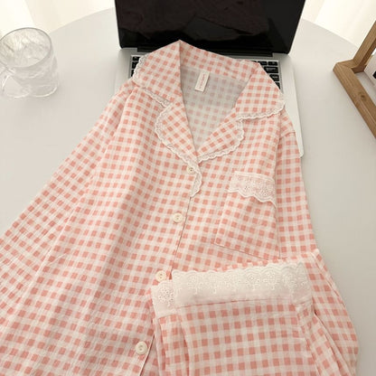 Pajama Set: Plaid Lace Trim Button-Up Top and Pants