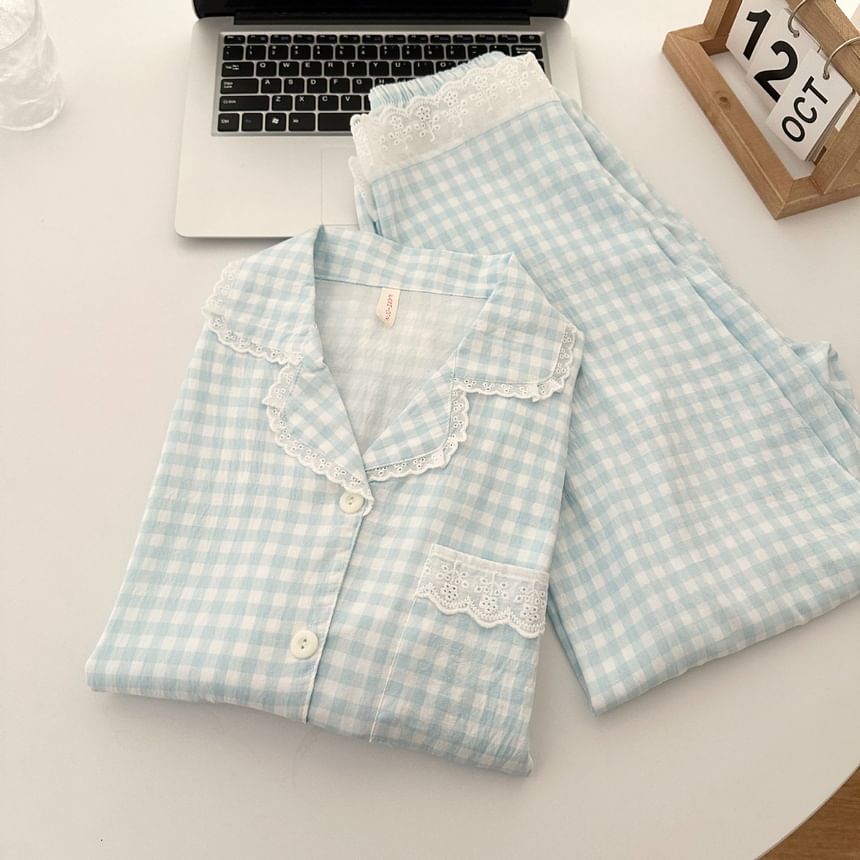 Pajama Set: Plaid Lace Trim Button-Up Top and Pants