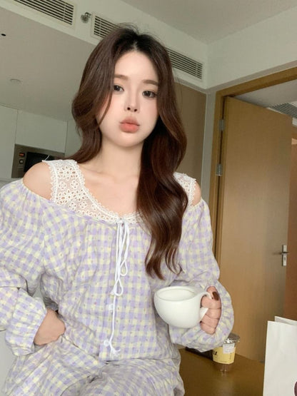 Pajama Set: Gingham Lace Panel Top and Pants