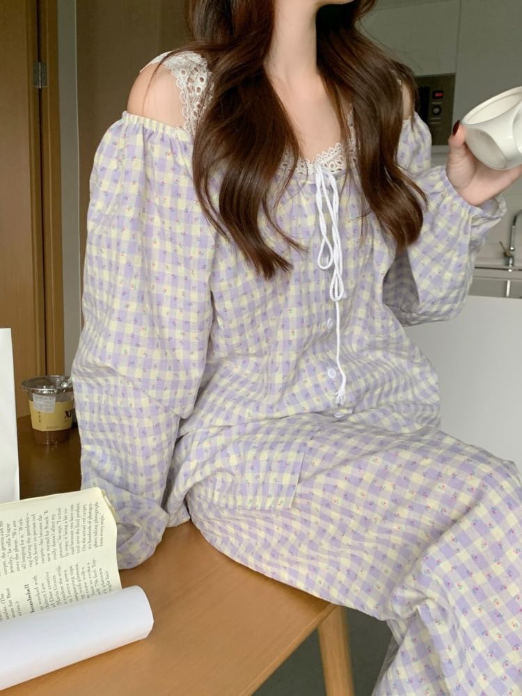 Pajama Set: Gingham Lace Panel Top and Pants