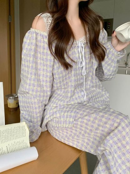 Pajama Set: Gingham Lace Panel Top and Pants