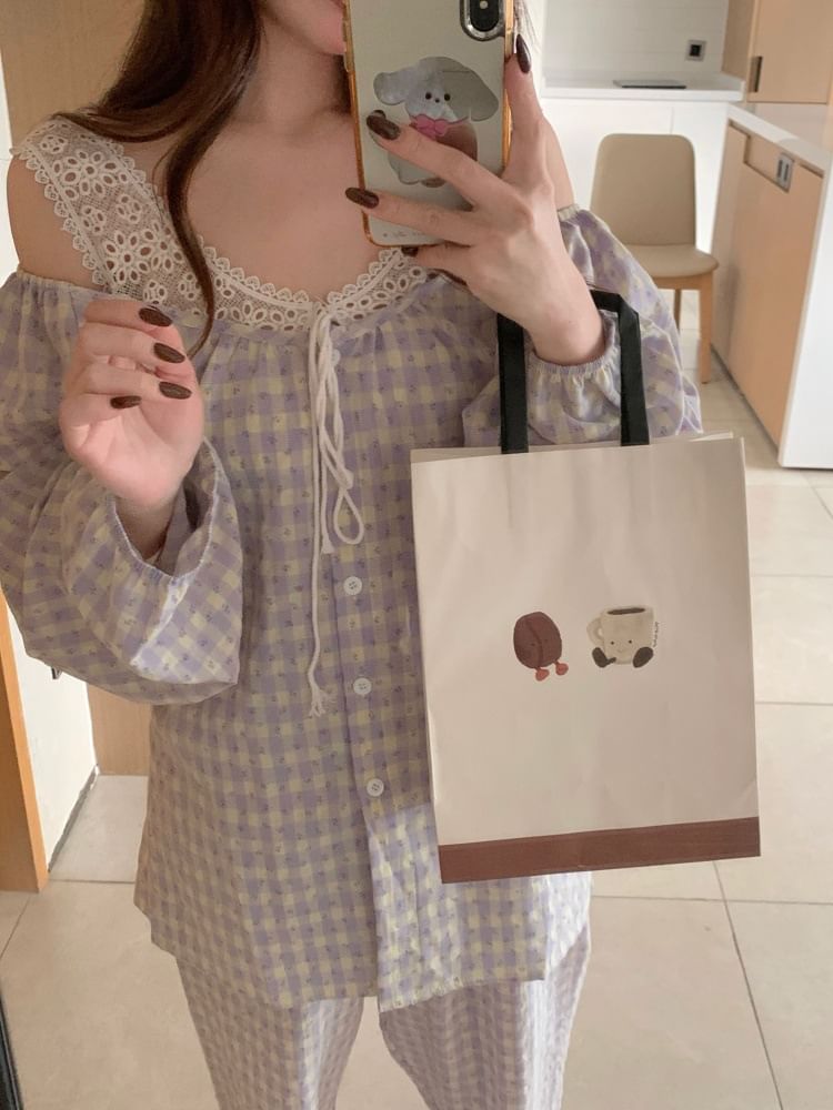 Pajama Set: Gingham Lace Panel Top and Pants